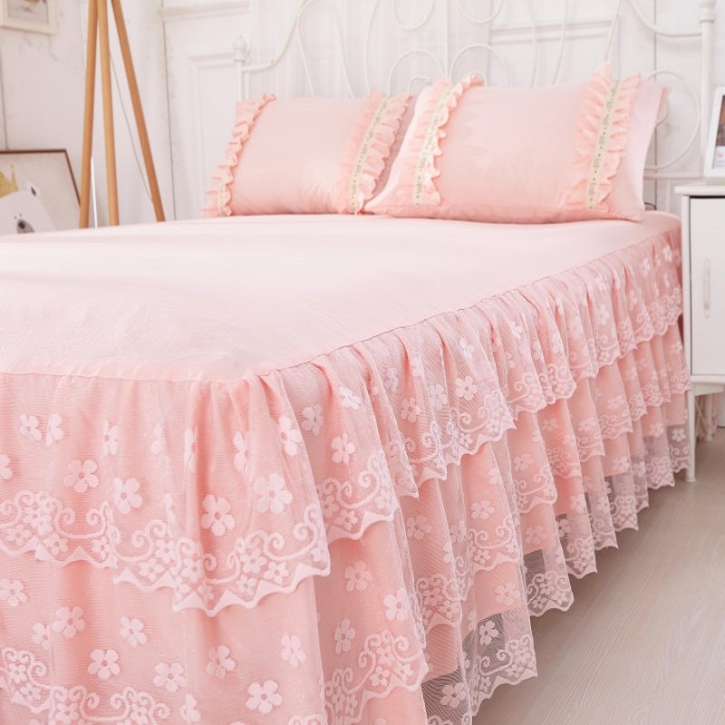 Pink Lace bedding Bed Skirt 1/3pcs Romantic Princess Bedspread Girls Bed sheet Pillowcase Home Textile Full Queen King Size