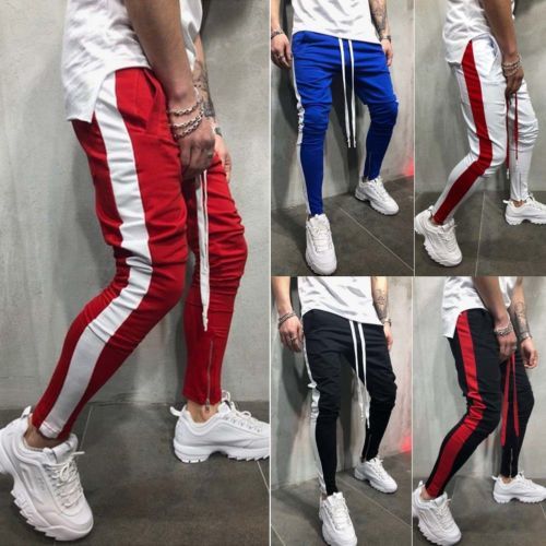 MEN HIPSTER Jogger Gym Workout TRACK SIDE COLOR STRIPE TRACK ANKLE ZIP PANTS C18111201