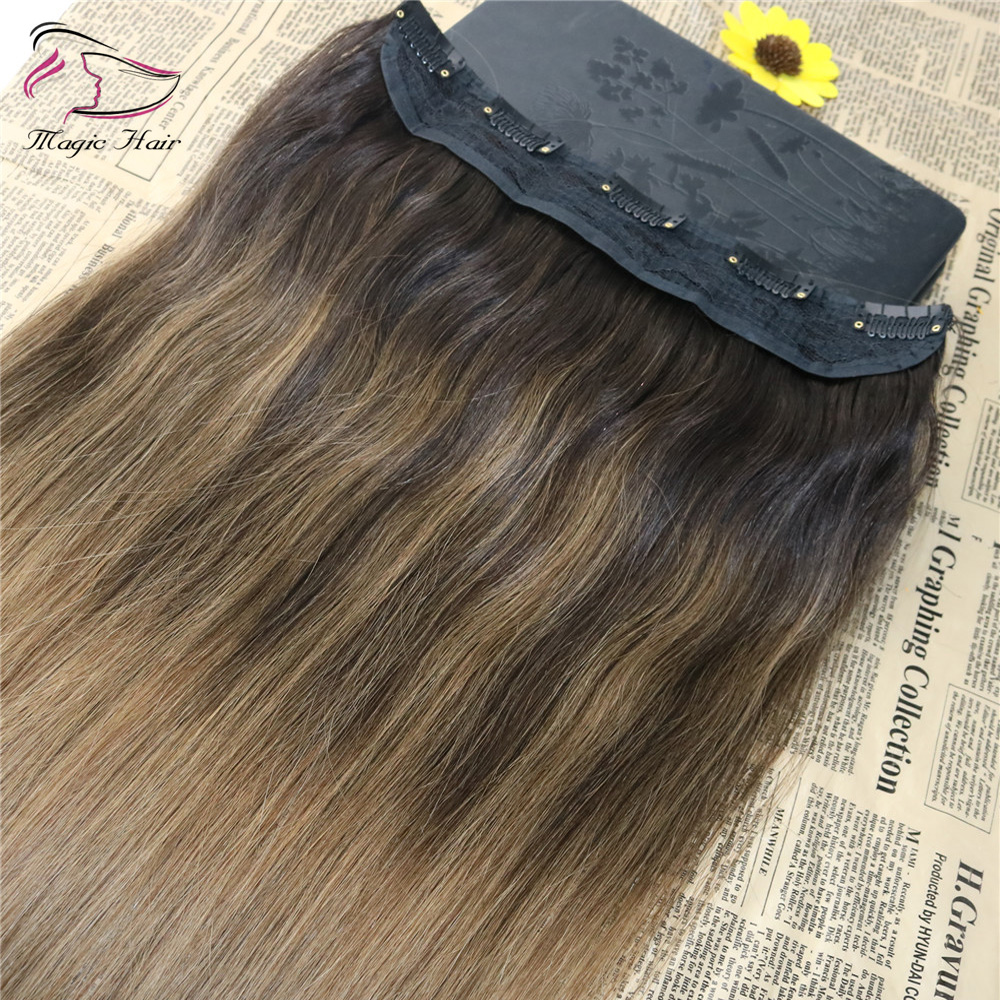 One Piece Clip In Human Hair Extensions Ombre Balayage Color #2 Fading to Color #8 5Clips With Lace