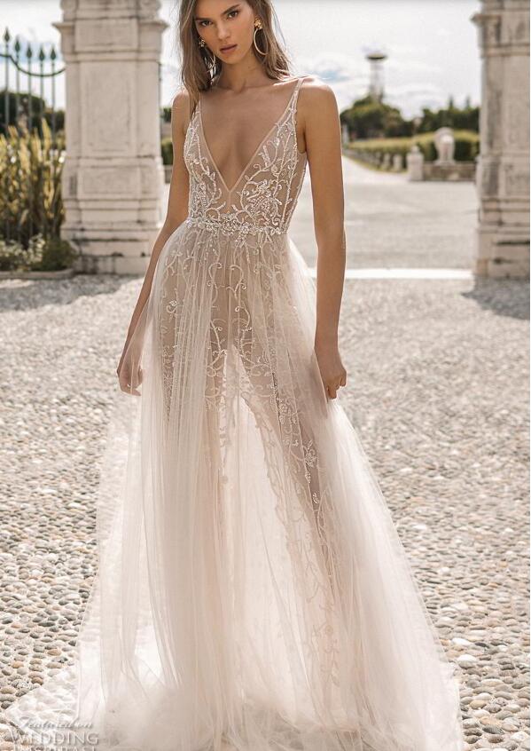 Berta Dresses A e Deep V Neck Sexy Backless Sweep Train Sleeveless Beach Wedding Dress Beaded Sequins Vestido De Novia