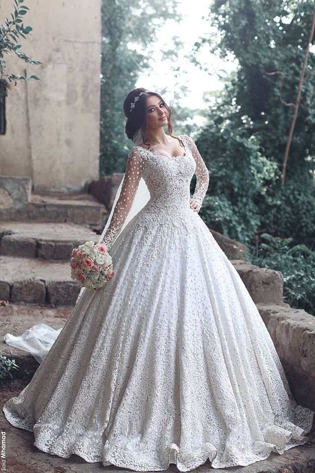 Mhamad New Said Lace Dresses Pearls Beaded Applique Long Sleeves Court Train Wedding Dress Bridal Gowns Vestido De Novia
