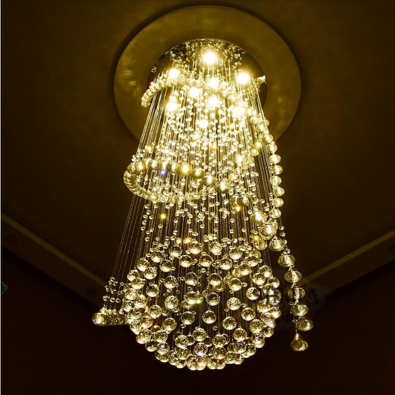 Long Double Spiral LED Crystal Ceiling Light K9 Crystals Chandelier Lighting Rain Drop Lamp for Lobby Staircase Stairs Foyer
