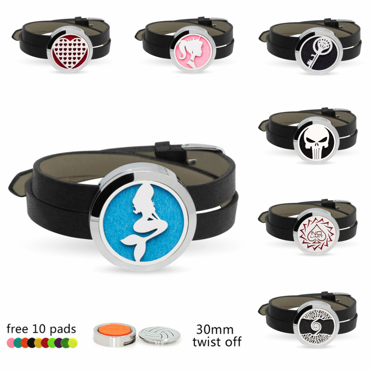 Mermaid Princess Heart 30mm Stainless Steel Essential Oil Aroma Perfume Diffuser Locket Wrap Bracelet With Leather Band Women 10pcs Pads, Silver
Mermaid Princess Heart 30mm Stainless Steel Essential Oil Aroma Perfume Diffuser Locket Wrap Bracelet With Leather Band Women 10pcs Pads, Silver