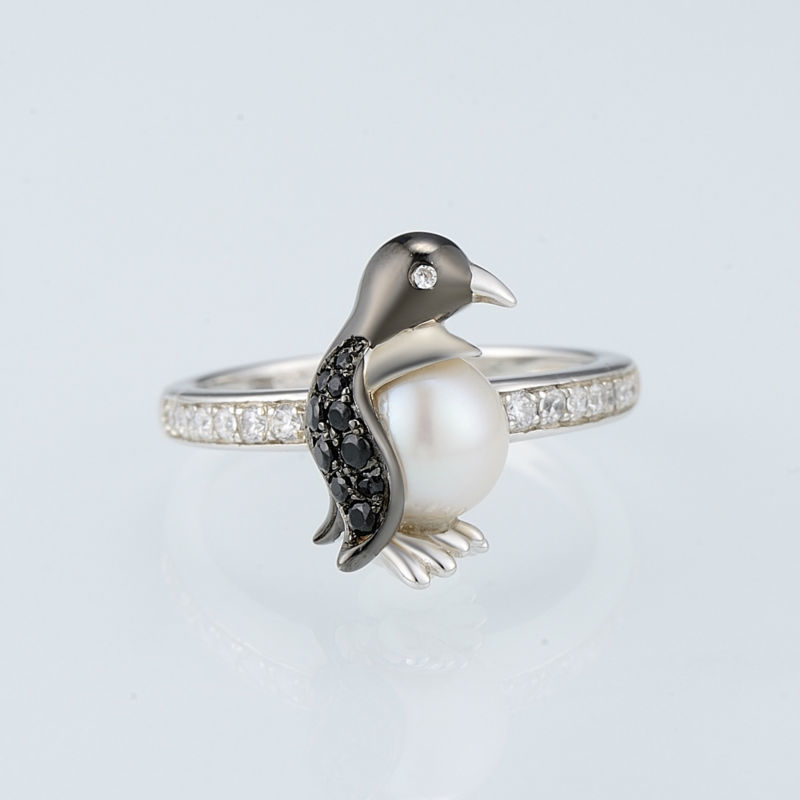 SANTUZZA Silver Penguin Pearl Ring For Women 925 Sterling Silver Trendy Fashion Rings for Women Cubic Zirconia Ringen Jewelry D18111306
