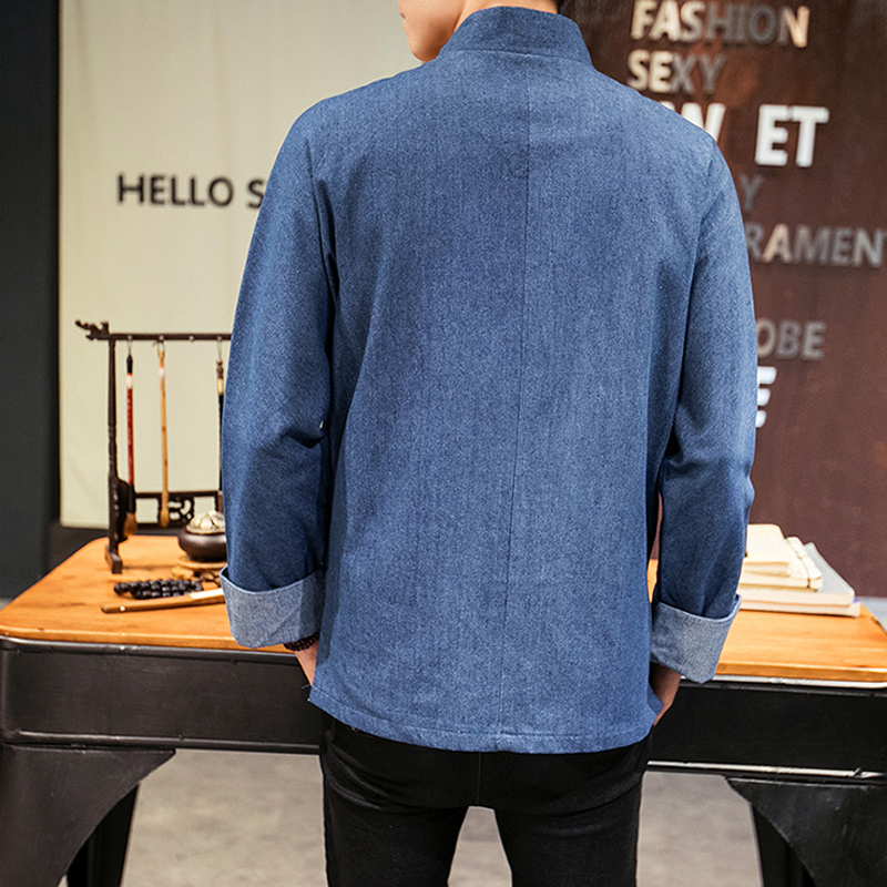 Chinese Style Jackets Men Jeans Blue Open Stitch Retro Jacket Autumn Buttons Man Clothing Embroidery Mens Jackets Size M-5XL