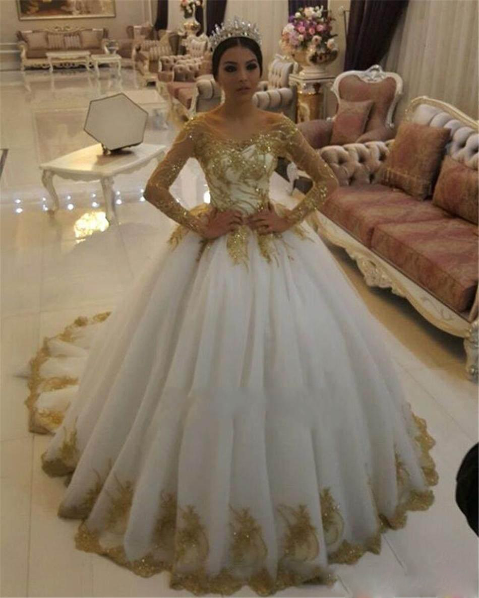 Gold Lace Appliqued Wedding Dresses Long Sleeve Beaded Scoop Neck Bridal Gowns Boho Sweep Train Wedding Dress
