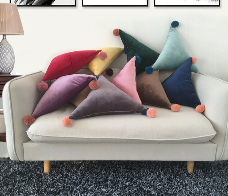 Velvet Cushion Triangle Rectangle Lovely Flush Pompon Ball Cushion Pillow Sofa Car Chair Home Decorative Throw Pillows