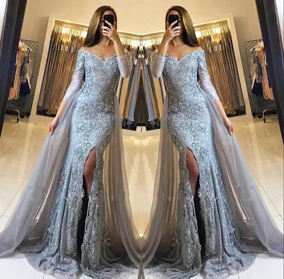 Front Split Off The Shoulder Mermaid Prom Evening Party Dresses with OverSkirt Lace Appliques Newest Sweetheart Long Sleeves Pageant Gowns, Blue
Front Split Off The Shoulder Mermaid Prom Evening Party Dresses with OverSkirt Lace Appliques Newest Sweetheart Long Sleeves Pageant Gowns, Blue