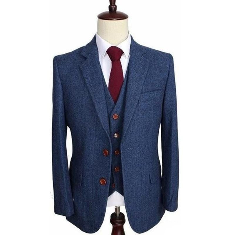 Customize Winter Two Buttons Blue tweed Wedding Groom Tuxedos Notch Lapel Groomsmen Mens Dinner Blazer Suits (Jacket+Pants+Vest+Tie) NO:1616