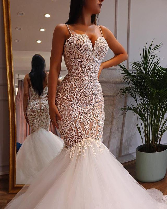 lace mermaid dresses spaghetti strap sweetheart necke bridal gowns trumpet wedding dress beads vestido de novia
