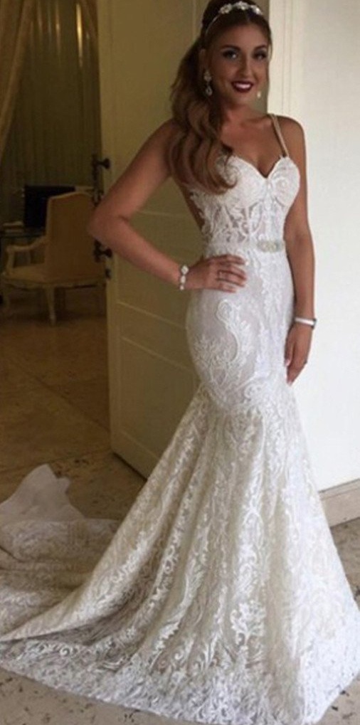 Sexy Mermaid Spaghetti Straps Backless Lace Bridal Gown Beaded Court Train Open Back Wedding Dresses Custom Made