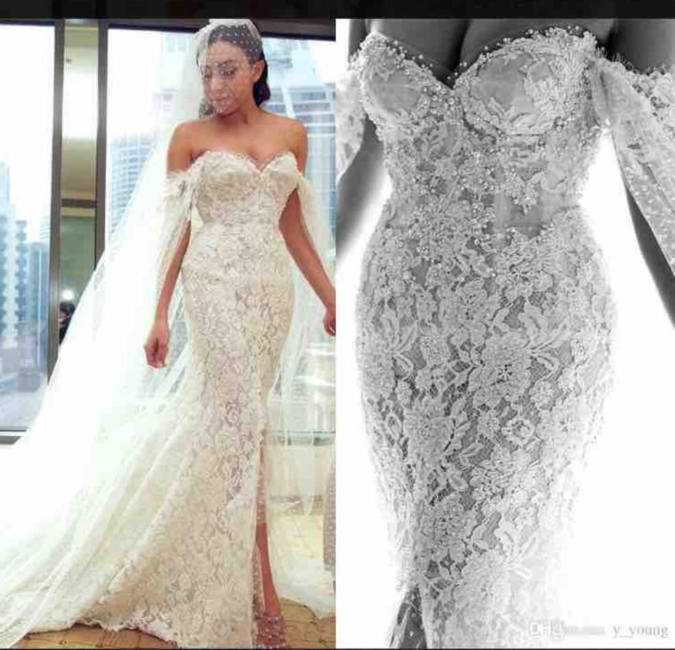 Elegant Mermaid Wedding Dresses With Wrap Front Split Lace Appliques Pearls Sweep Train Country Wedding Dress Plus Size Bridal Gowns