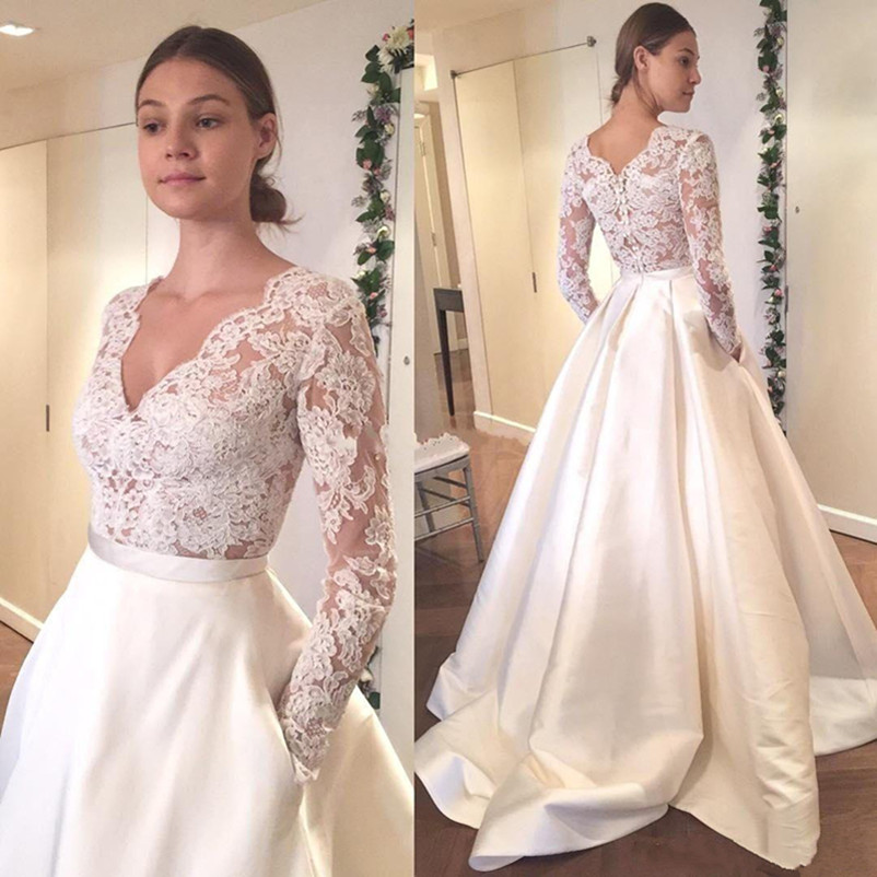 White Appliqued Lace Wedding Dresses Sexy Deep V-neck Illusion Long Sleeves A-line Wedding Gowns Bridal Dress, Red
White Appliqued Lace Wedding Dresses Sexy Deep V-neck Illusion Long Sleeves A-line Wedding Gowns Bridal Dress, Red