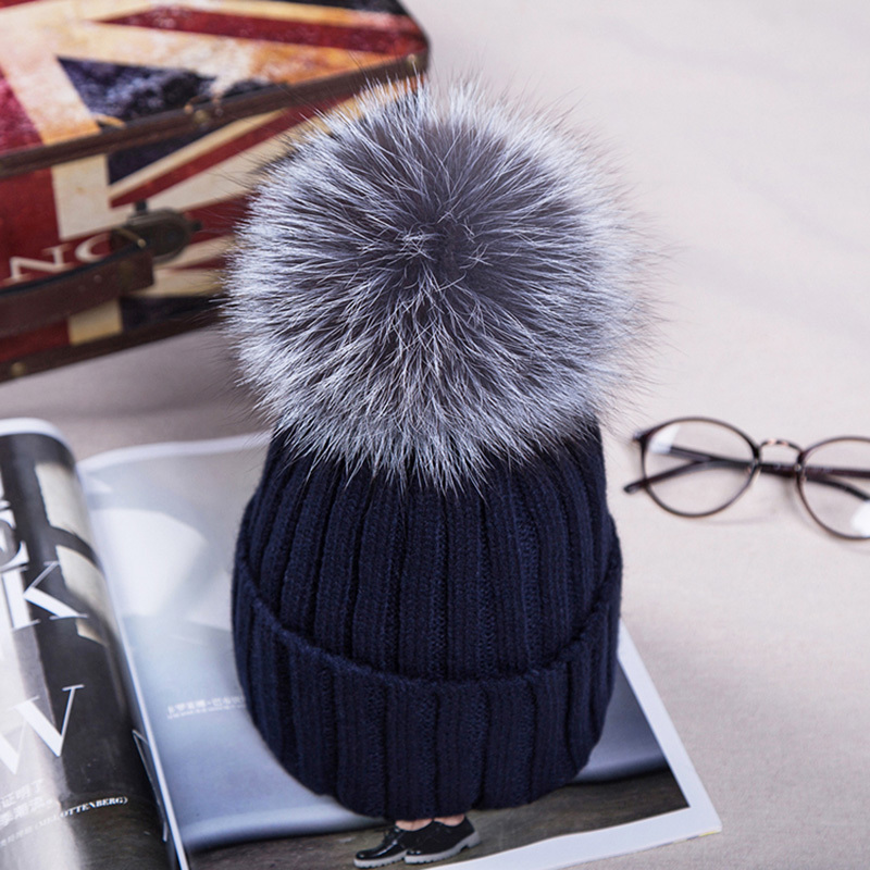 Women's Knitted Cap with 12cm Silver Fox Fur Pompom Tops Caps Fashion Winter Hats Skullies Beanies Female Cap D18110601