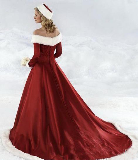 long sleeve Red Christmas dress Hot New winter fall Gowns A-line Wedding Dresses Off-shoulder Satin Floor-Length Party Bridal Dresses