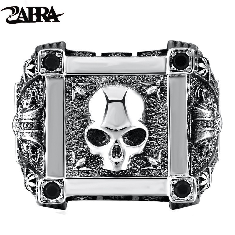 ZABRA Adjustable Size 925 Sterling Silver Skull Rings For Men Zircon Ring Vintage Puck Rock Biker Jewelry D18111405