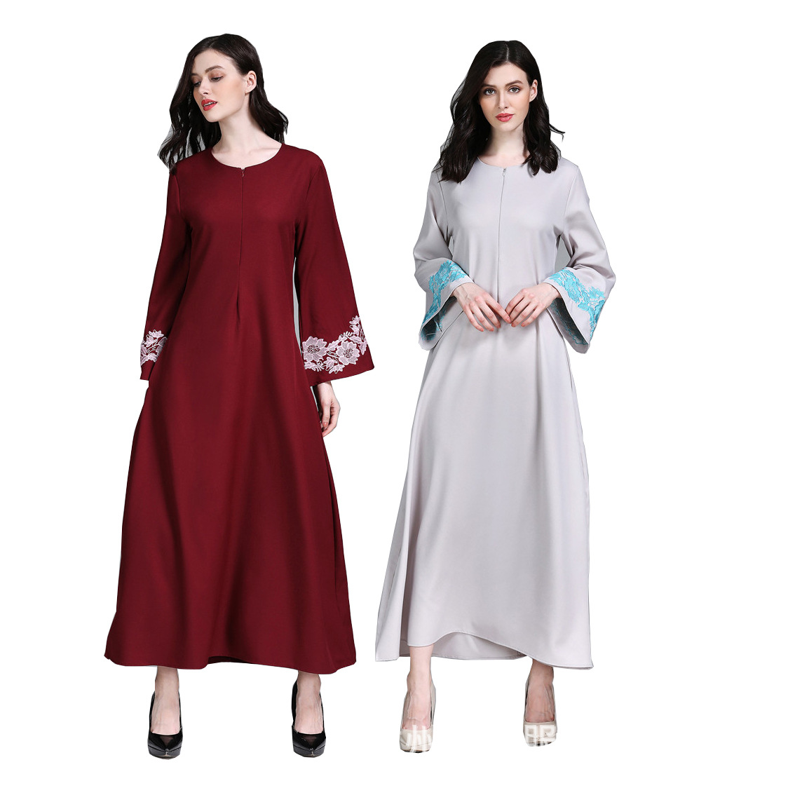 

Women Dubai Abaya Muslim Dress Islamic Clothing Embroidery Ruffles Flare Sleeve Arab Turkish Robes Front Zipper Musulmane Kaftan, Gray