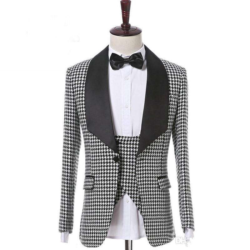 Customize Houndstooth 3 Piece Suit Men Wedding Tuxedos Groom Tuxedos With Black Lapel Men Business Dinner Prom Blazer(Jacket+Pants+Tie+Vest)