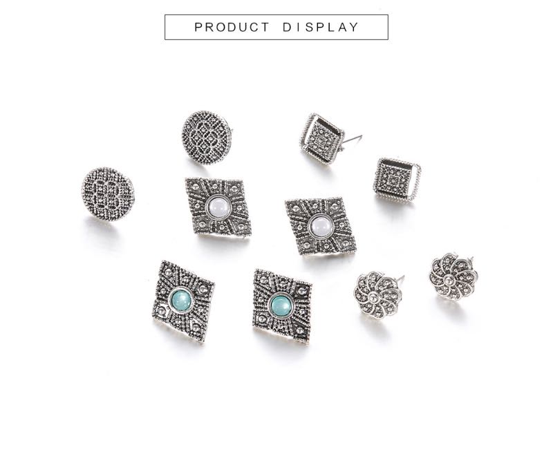 Vintage Tibetan Silver Stud Carving Patterns With White Stone Earring Hollow Out Geometric Shape Earrings Whoelsale