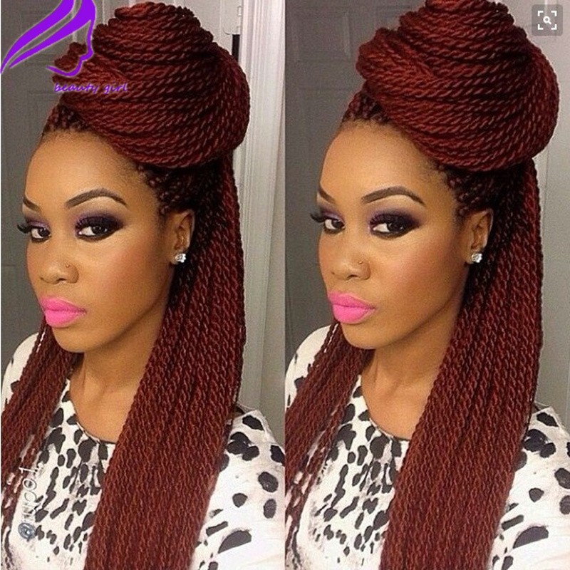 Long brazilian full lace front Braided Wigs burgundy color box braid wig for black women Synthetic Hair Micro Havana Twist Wigs
