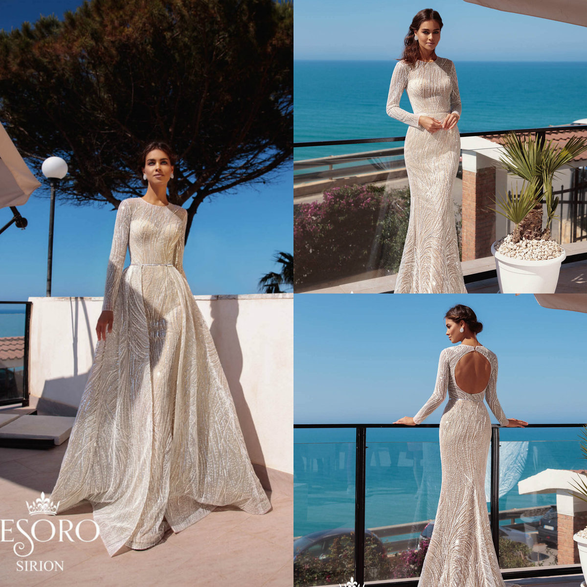Mermaid Dresses With Detachable Skirt Jewel Neck Hollow Back Sweep Train Long Sleeve Wedding Dress Country Bridal Gowns
