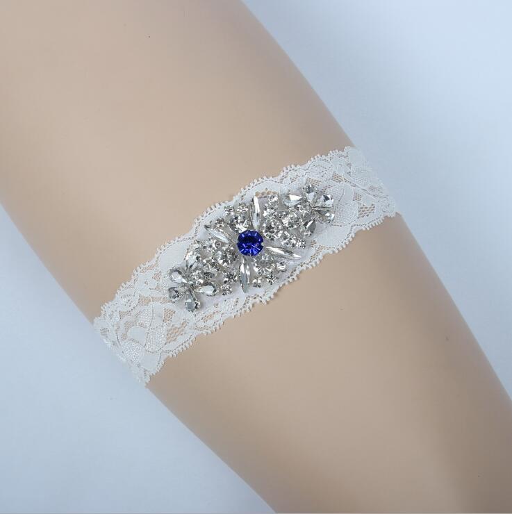 One Piece Lace Wedding Garters Set Bridal Garters Belt Blue Rhinestones Crystals Wedding Bridal Leg Garters 2019 In Stock Cheap