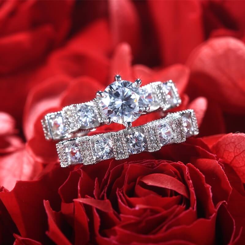 Unique Vintage Choucong Couple Rings: Sier, Retro Eternity, Round Cut White Topaz CZ Dia Women's Bridal Ring Set