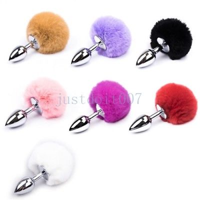 Bondage Fluffy Real Fur Bunny Rabbit Tail Plug Cosplay Animal PET Metal steel Cat Cute #R56