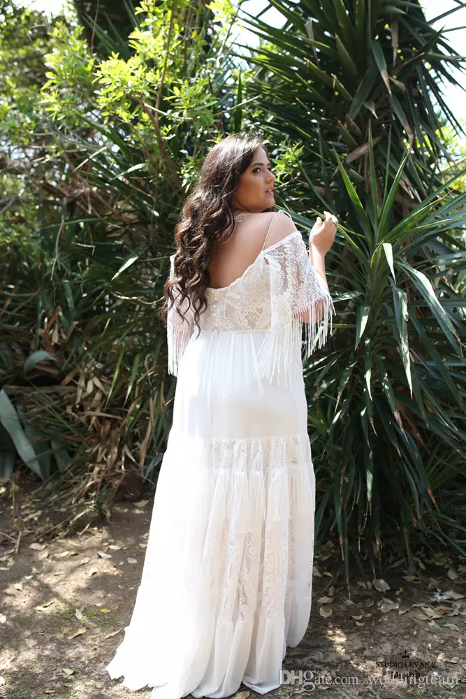 chic lace plus size beach wedding dresses off the shoulder half sleeves bohemian bridal gowns a line tassel boho robe de marie