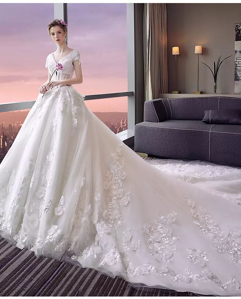 Charming Floral Applique Wedding Dress V-Neck Beaded Lace Appliqued Short Sleeve Bridal Dress Amazing Cathedral Train Tulle Wedding Dresses