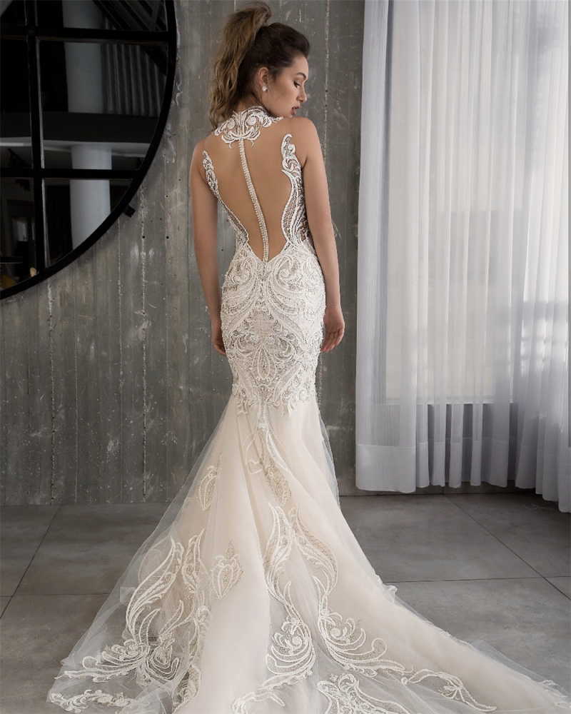 High Collar Sleeveless 2018 Mermaid Wedding Dress Riki Dalal Illusion Lace Applique Sequins Beaded Bridal Gowns Custom Made