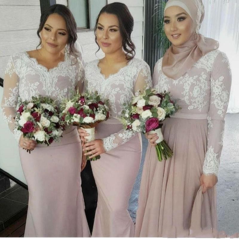 Latest Muslim New Mermaid Lace Applique V Neck Satin Long Sleeves Prom Dresses Cheap For Weddings Bridesmaid Gowns