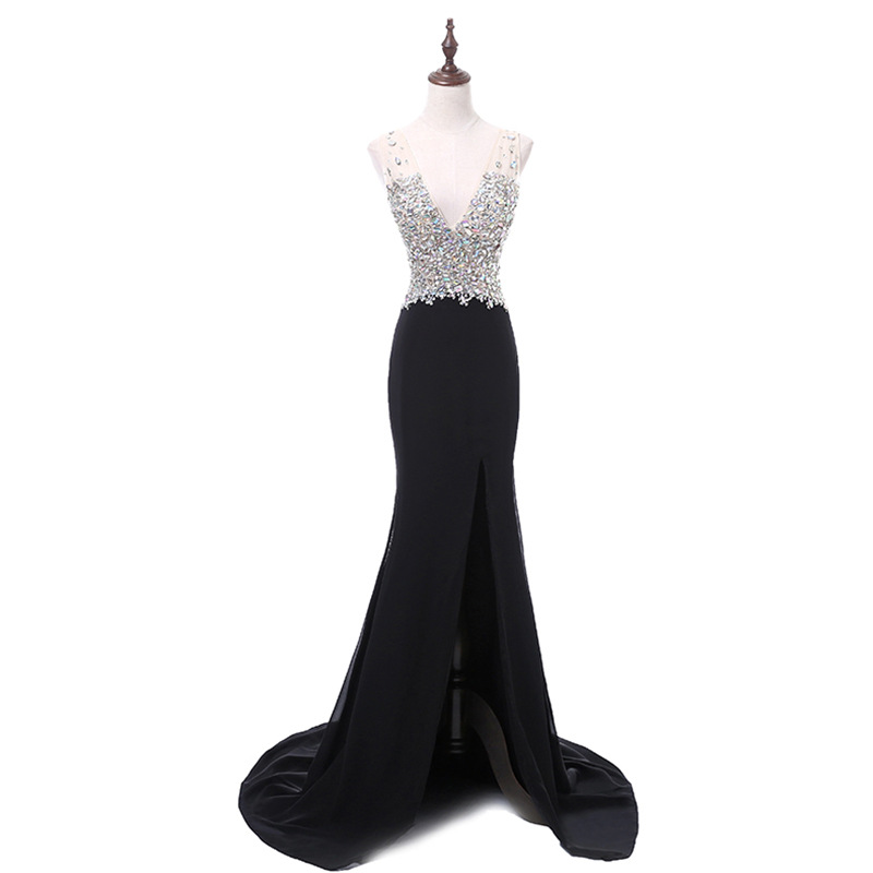 2018 New Cheap Black Chiffon Evening Dresses Beaded Crystals V-Neck Formal Prom Party Celebrity Gowns QC1136