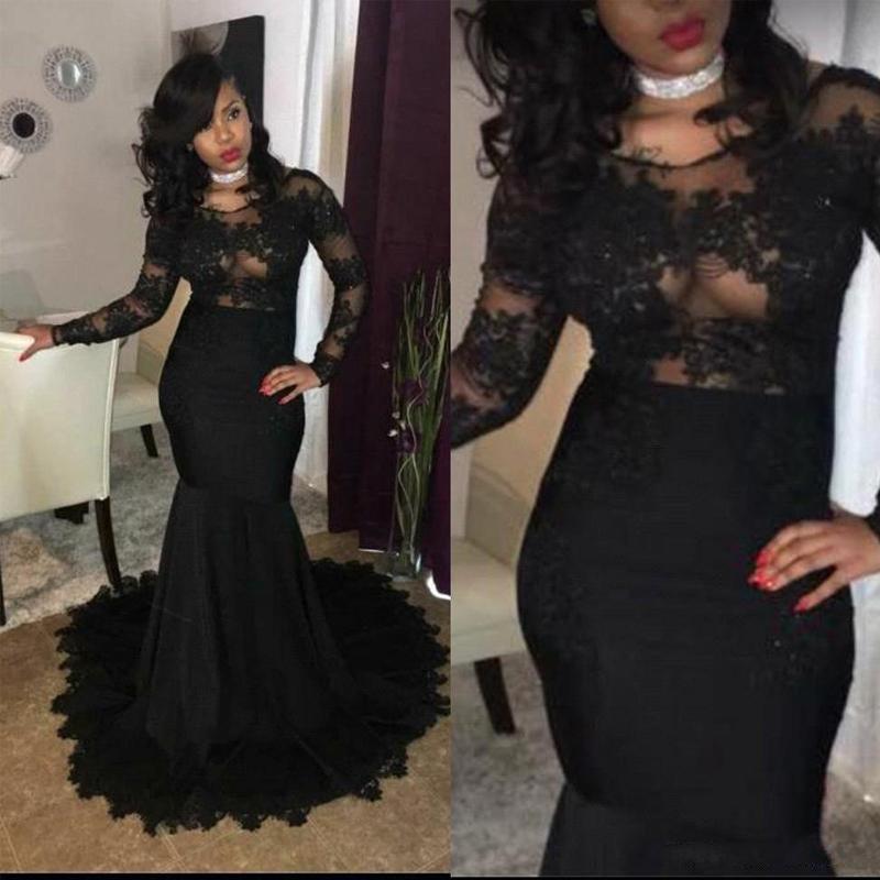 New Sexy Illusion Bodices Black Girl Prom Party Dresses 2020 Mermaid Jewel Neck Lace Appliques Long Sleeves African Evening Gowns Wear