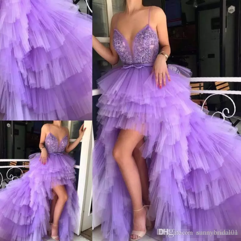 Light Purple High Low Prom Dresses Sexy Spaghetti Tiered Tulle Evening Gowns Custom Made Layers Sweep Train Cocktail Party Dress