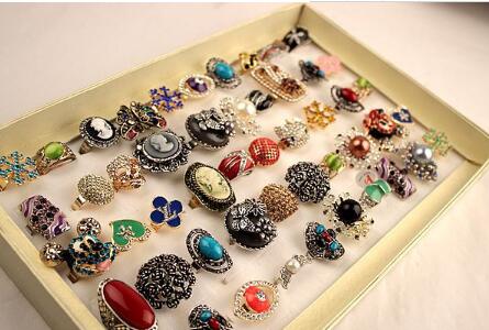 Hot sales Fashion Jewelry Mixed 50 style Exaggeration Pearl Opal Turquoise gemstone crystal Ring for Women