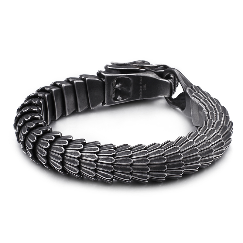 Chinese Dragon Scales Link Chain Bracelets Retro Ancient Silver Solid Stainless Steel Men Bangle