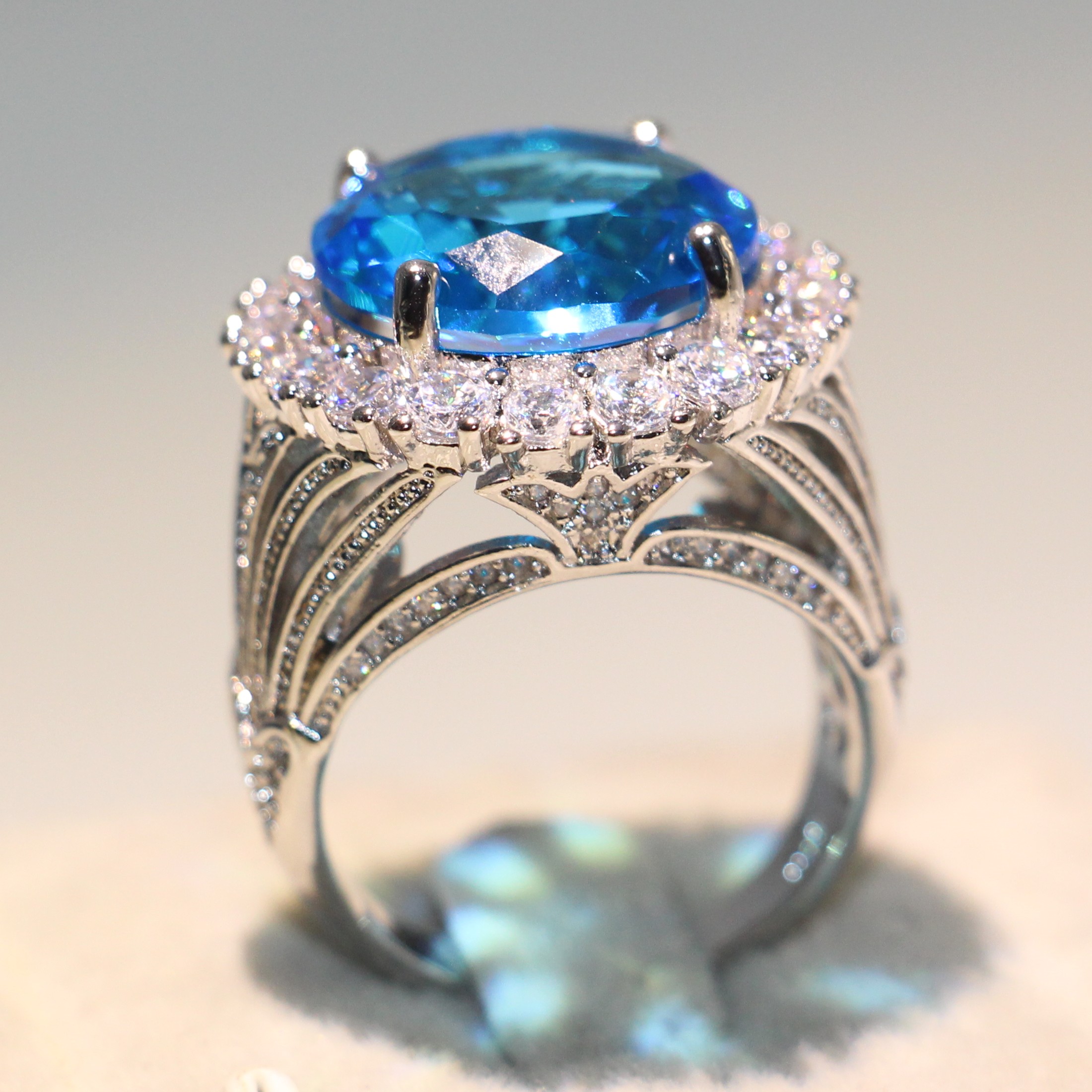 Size 6-10 Drop Shipping Jewelry Sterg Sier Big Aquamarine CZ Crystal 12CT Women Wedding Eternity Finger Ring For Lover Gift