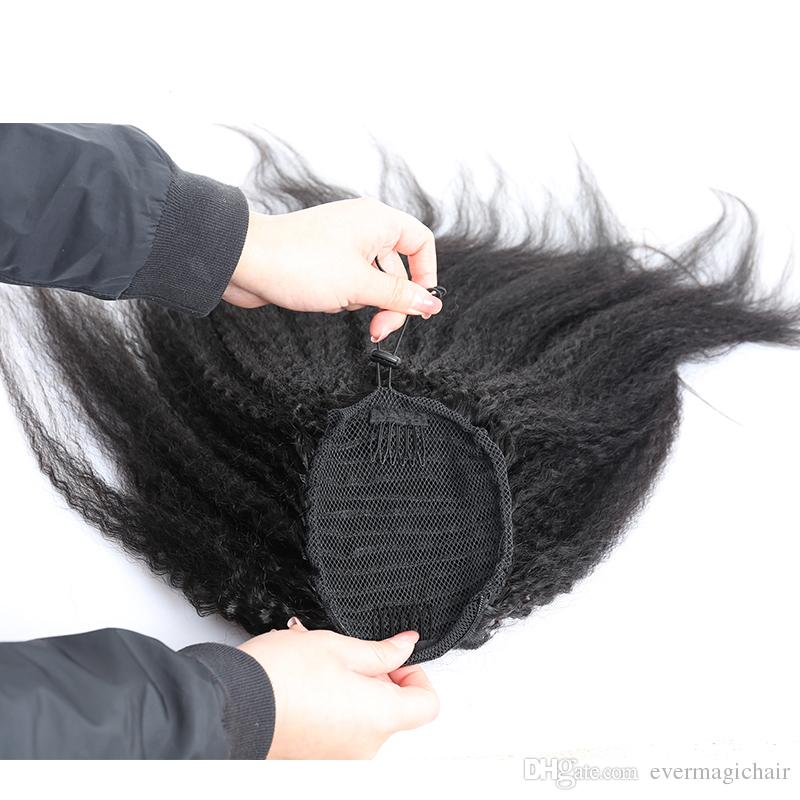 African american coarse yaki kinky straight drawstring pony tail human hair easy wearing clip in kinky ponytail hairpiece long big 140g