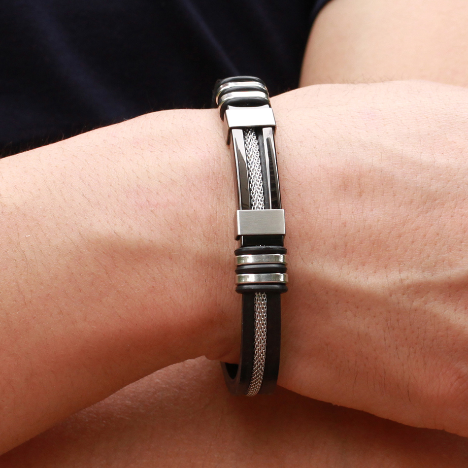 MNWT Mens Bracelets Stainless Steel Black Silicone Bracelets Charm Bracelet Male Bangle For Men Jewelry Silver Rose Gold Color