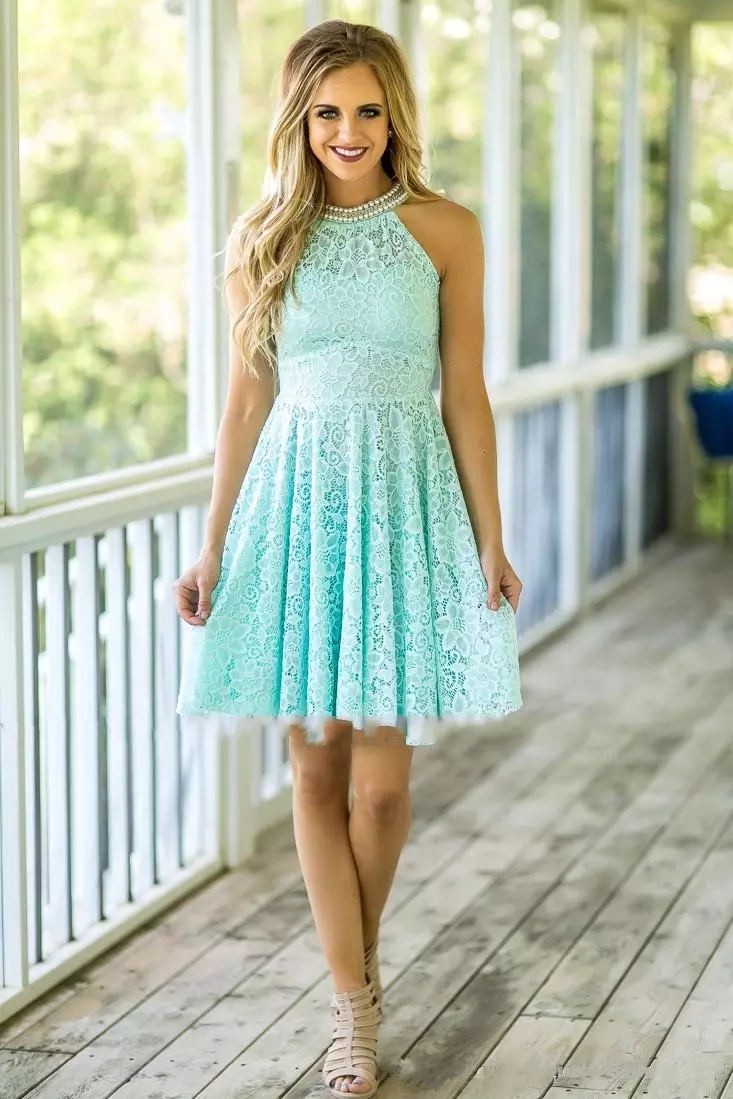 Spring 2019 Mint Lace Short Bridesmaid Dresses Cute Pearls Beaded Halter Neckline A Line Knee Length Wedding Guest Dresses Custom Made