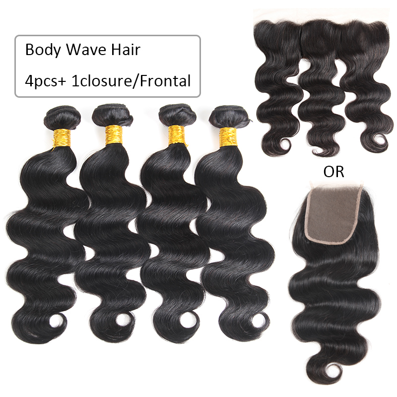 8A Straight Brazilian Human Hair 4 Bundles with Closure Body Deep Water Wave Virgin Hair Bundles with Lace Frontal Kinky Curly Extensions