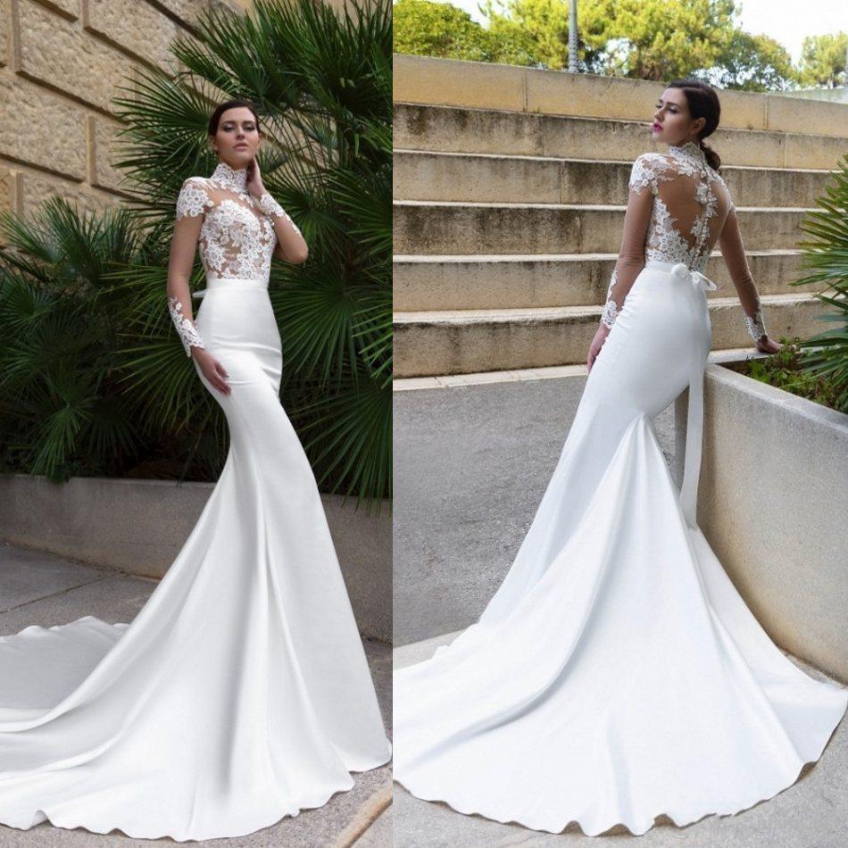 High Neck Crystal Design Sexy Mermaid Wedding Dresses See Through Back Long Sleeve Fitted Cheap Bridal Gowns With Sweep Train Mm44 0510