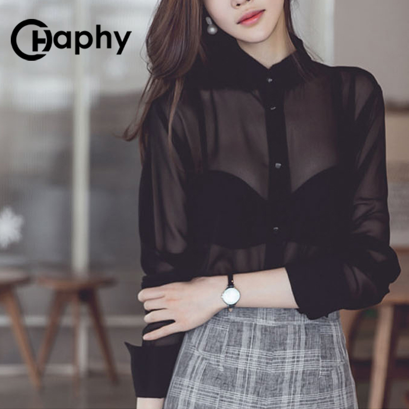 Women's Blouses See Through Chiffon Blouse 2023 Turn Down Collar Transparent Perspective Long Sleeve Shirt