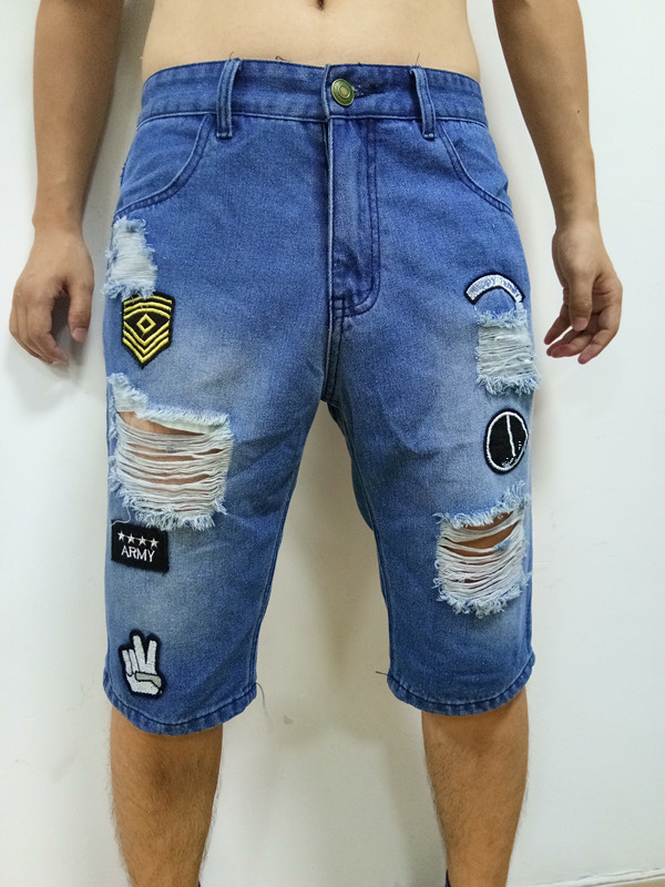 HOT 2018 Fashion Casual Men's affixed cloth embroidery patch hole high street beggar stretch denim hip hop shorts