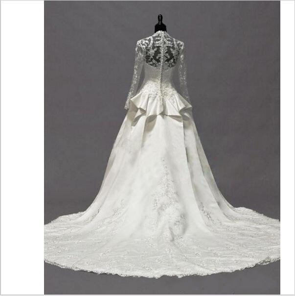 Elegant Kate Middleton Wedding Dress A Line Princess Sheer Long Sleeves V-Neck Lace Appliques Chapel Train Satin Bridal Gowns White Ivory