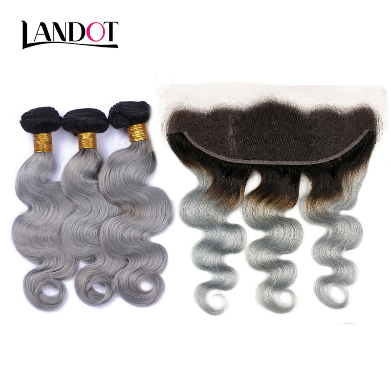 9A Ombre 1B/Grey Brazilian Virgin Hair Weave 3 Bundles With Lace Frontal Closures Peruvian Malaysian Indian Body Wave Human Hair Extensions
