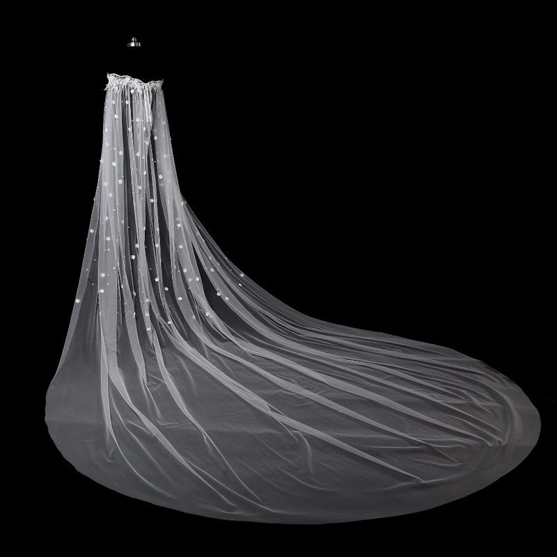Off Shoulder 3M Cathedral Train Wedding Bridal Wraps Applique Lace Crystal Pearls With 3d Flowers Wedding Bridal Capes