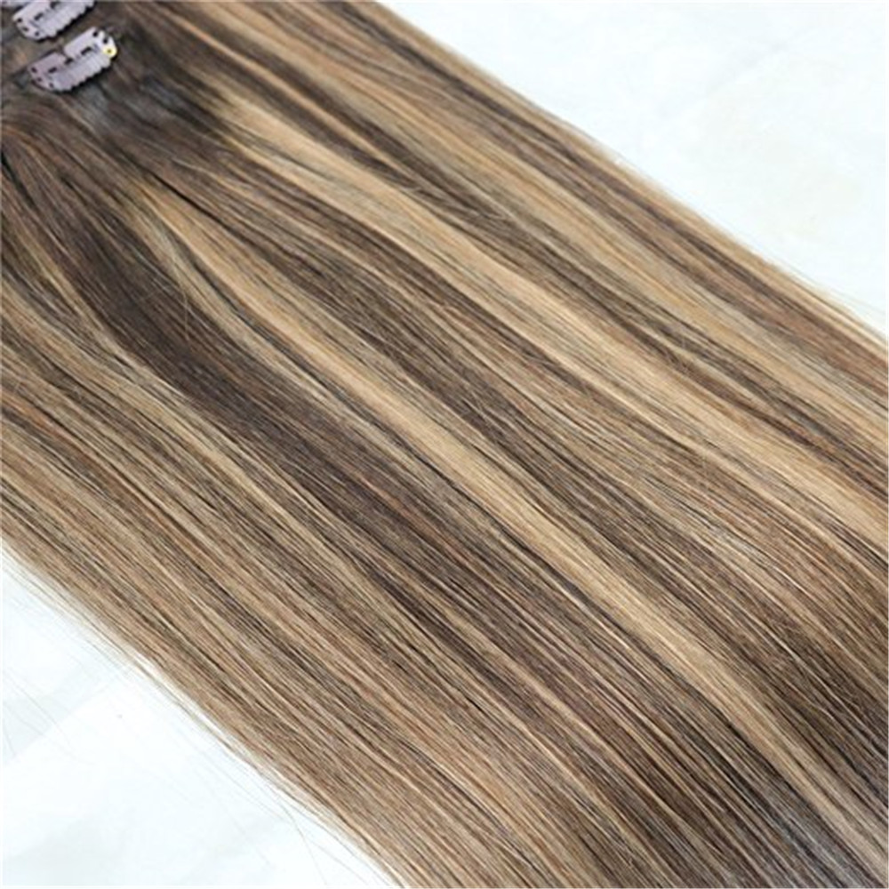 One Piece Real Hair Extensions Clip in Human Hair Balayage Highlight Color #4 Chololates Brown To #27 Honey Blonde Ombre Hair Weft