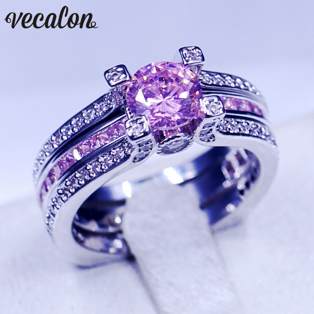 Vecalon New Female Engagement ring 5A Pink zircon Cz White gold filled wedding Band ring Set for women men Birthstone Jewelry
Vecalon New Female Engagement ring 5A Pink zircon Cz White gold filled wedding Band ring Set for women men Birthstone Jewelry